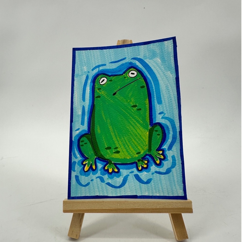 ACEO Original Minature Acrylic Marker FUNNY FROG 3.5x4.5 Green Whimsical Folk